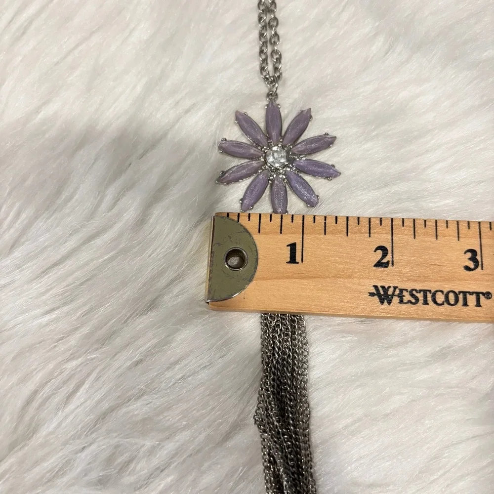 Whimsical Flower Tassel Necklace Boho Silver Tone Purple Rhinestone Hippie 20676